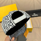 Baseball cap with black interior, white label patch, and logo-pattern crown.