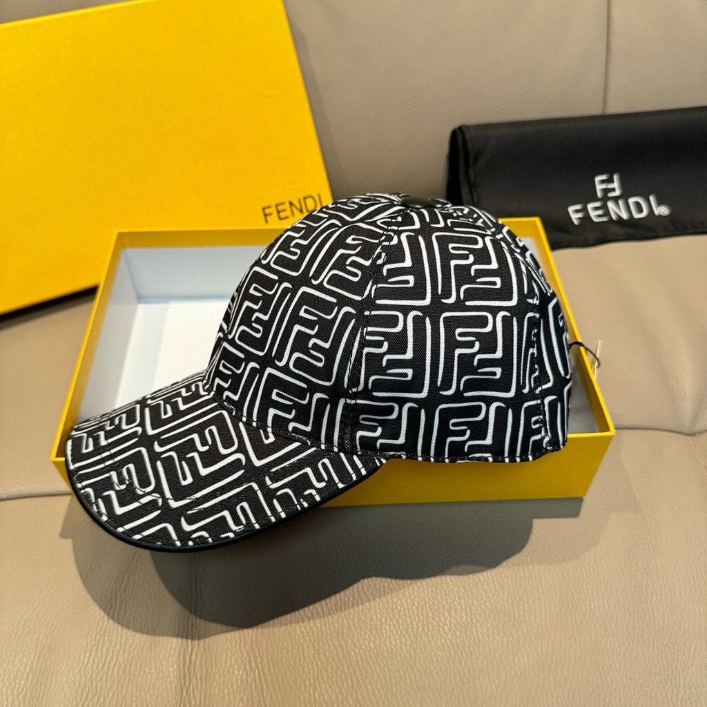 Black cap with white geometric F-style pattern, curved brim