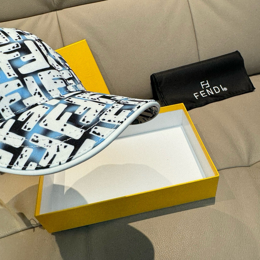Fendi cap side view with white and blue geometric logo pattern