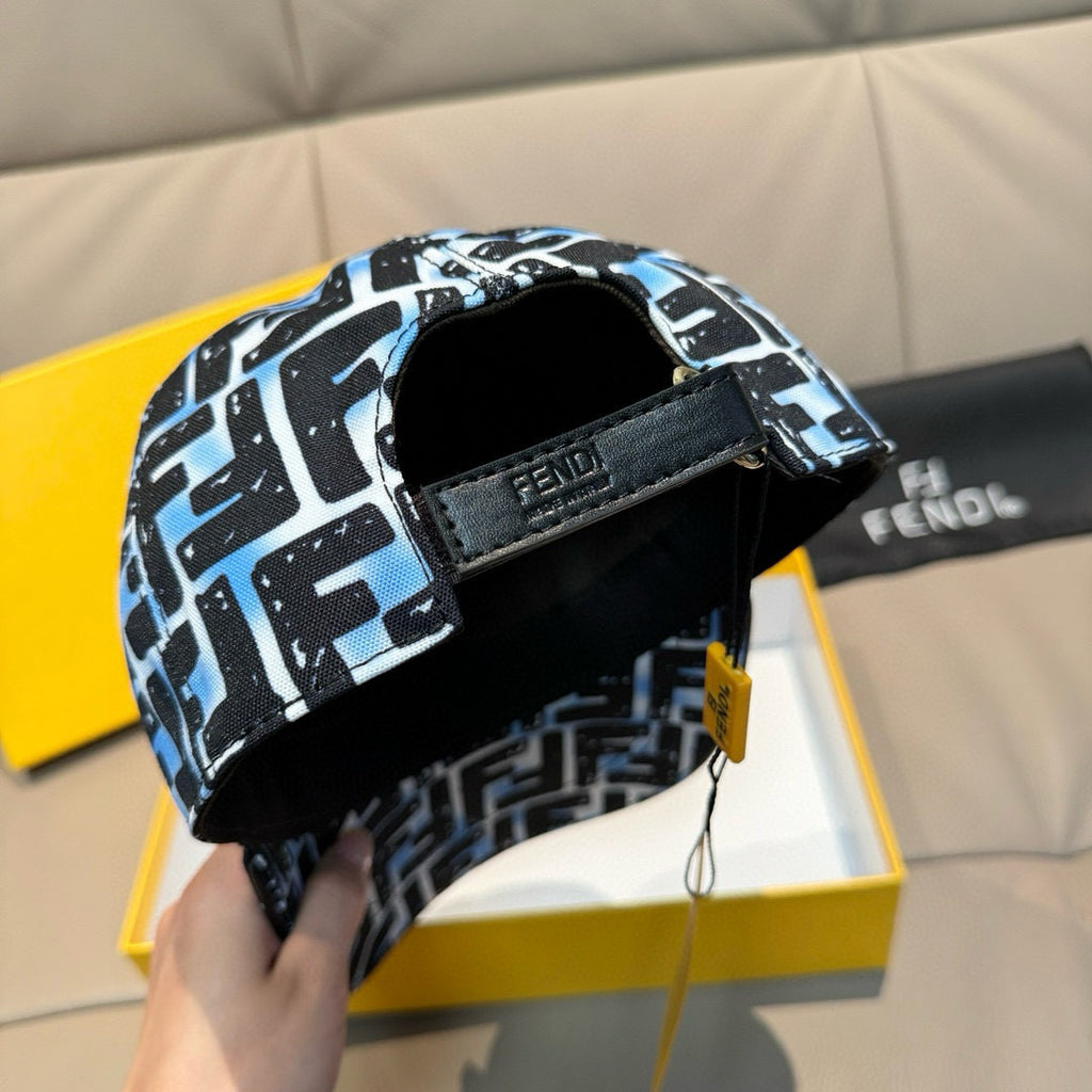 Fendi baseball cap inside view, black lining with side strap, white-blue FF print
