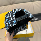 Fendi baseball cap inside view, black lining with side strap, white-blue FF print