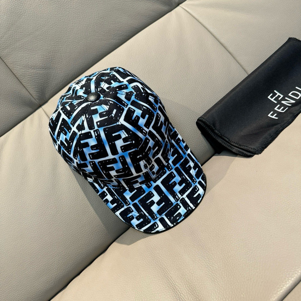 Fendi baseball cap, side view, black and white-blue FF logo print with curved brim
