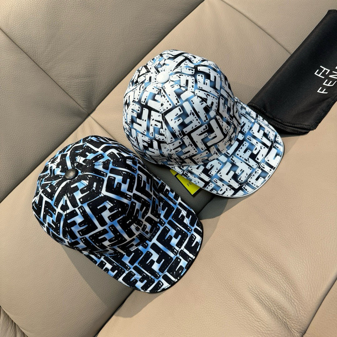 Fendi baseball caps pair, one white-blue FF on black and one black FF on light base