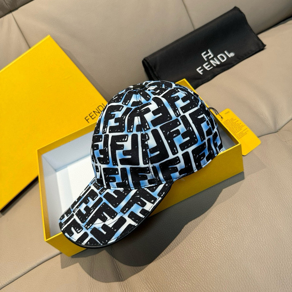 Fendi baseball cap, front view, black crown with white-blue FF pattern and curved brim