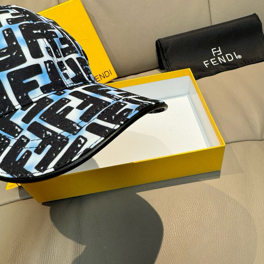 Fendi baseball cap close-up, black crown with white-blue FF pattern and brim detail