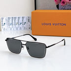 Louis Vuitton sunglasses with black frame and dark gray tinted lenses, black temple tips.