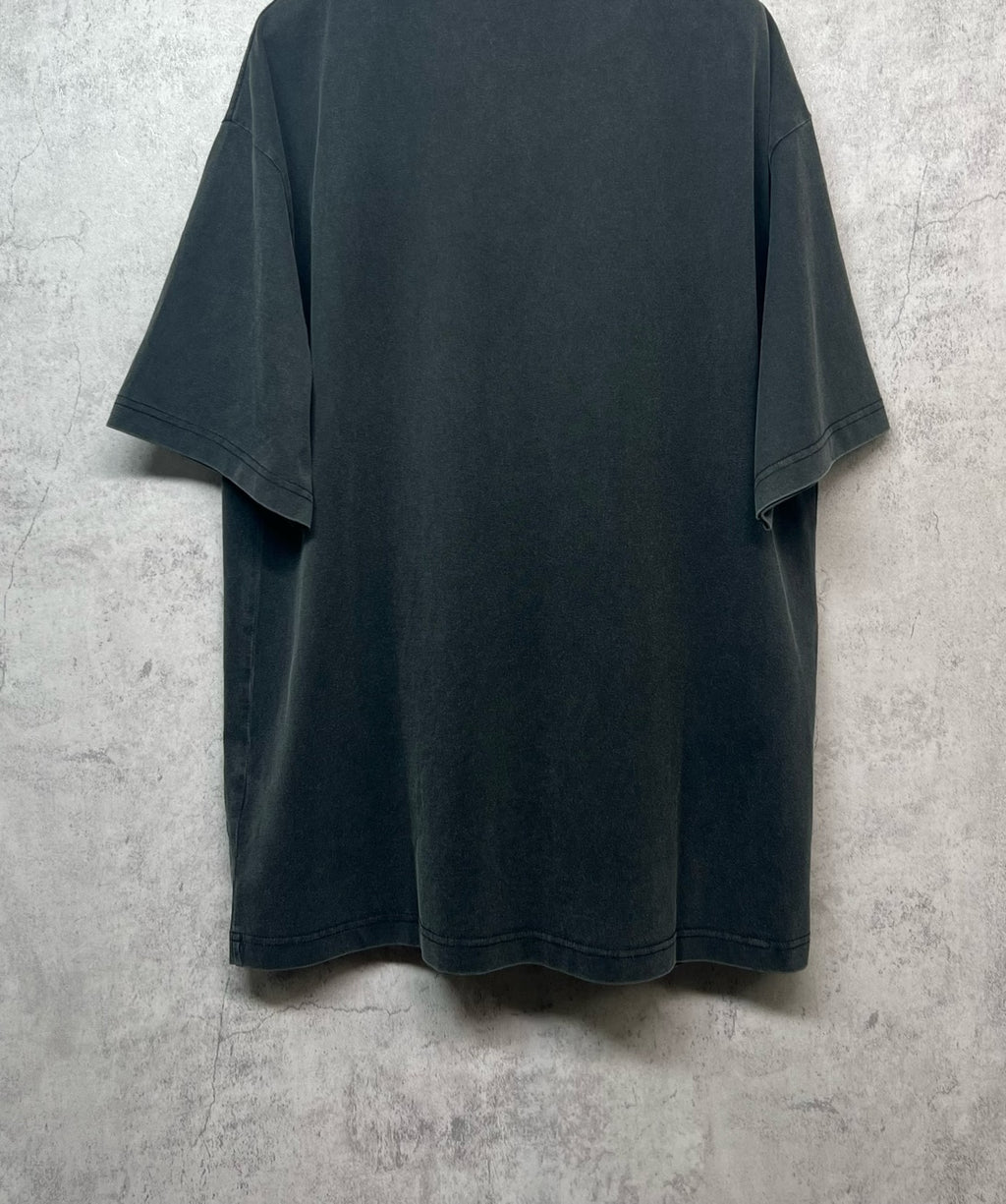 Dark gray T-shirt with short sleeves, plain back view hanging from a collar
