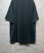 Dark gray T-shirt with short sleeves, plain back view hanging from a collar