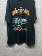 Dark gray crew-neck T-shirt with full colorful front graphic and abstract landscape print
