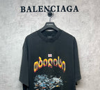 Dark gray crew-neck T-shirt with colorful front graphic print and small logo tag