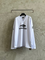 Balenciaga long-sleeve top with V-neck, black balenciaga logo at center front