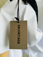 Balenciaga white long hoodie with drawstring and hanging logo tag