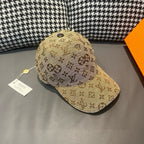 Tan monogram baseball cap with curved brim and side profile view