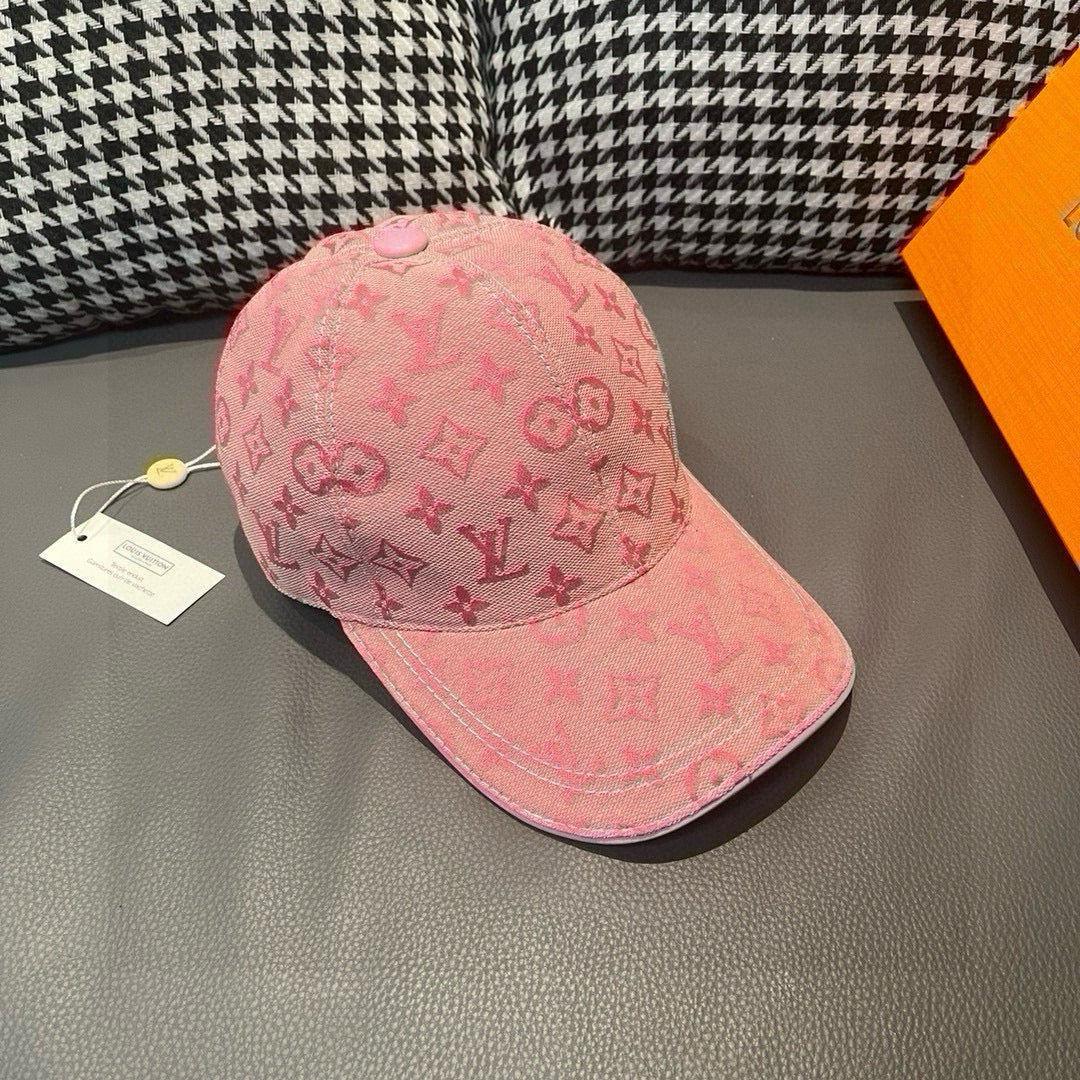 Pink monogram baseball cap, angled front view with stitched brim edge