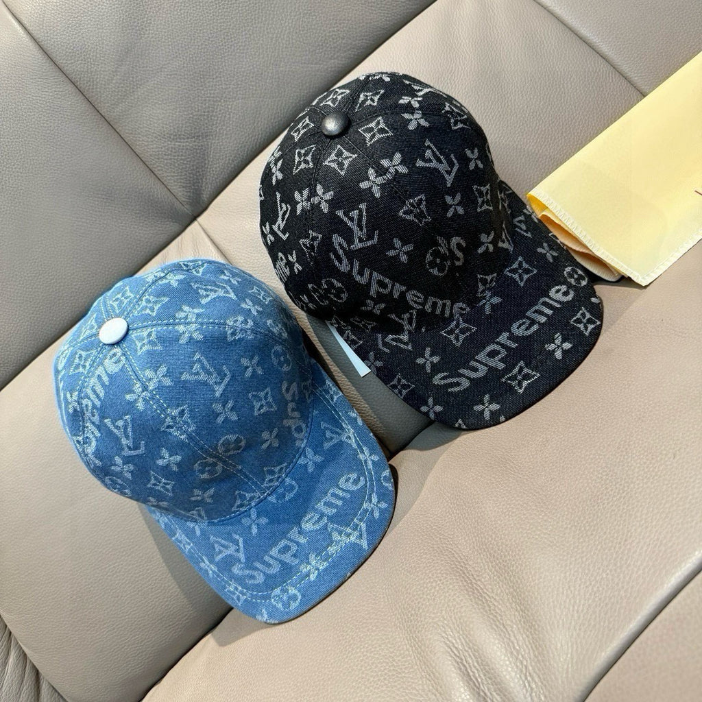 Louis Vuitton caps set: blue denim monogram cap and black monogram cap