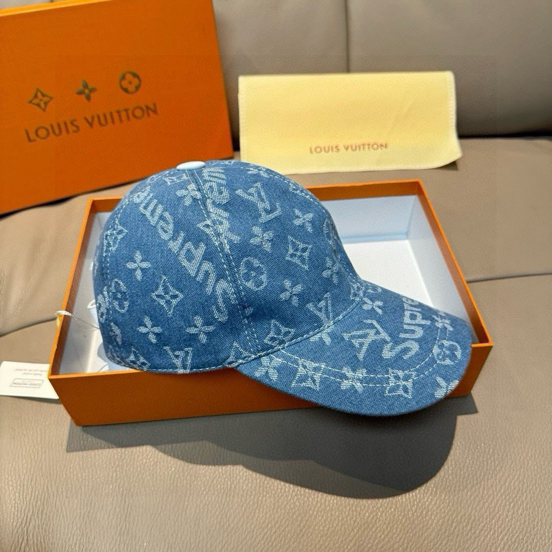 Louis Vuitton blue denim baseball cap with stitched curved brim and monogram pattern