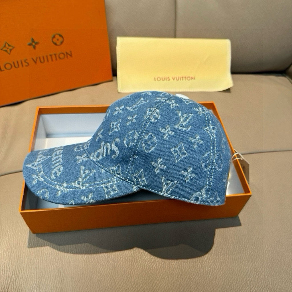 Louis Vuitton blue denim baseball cap with curved brim and allover monogram print