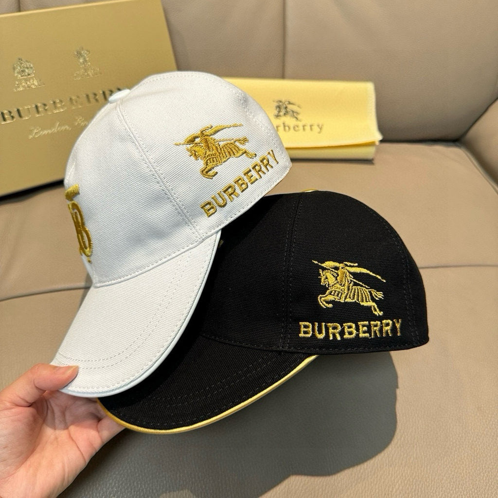 Burberry caps set: white and black caps with gold horse emblem and "BURBERRY".