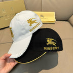White and black Burberry baseball caps with gold horse logos