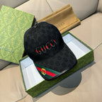 Black Gucci baseball cap with GG monogram print and multicolor web stripe