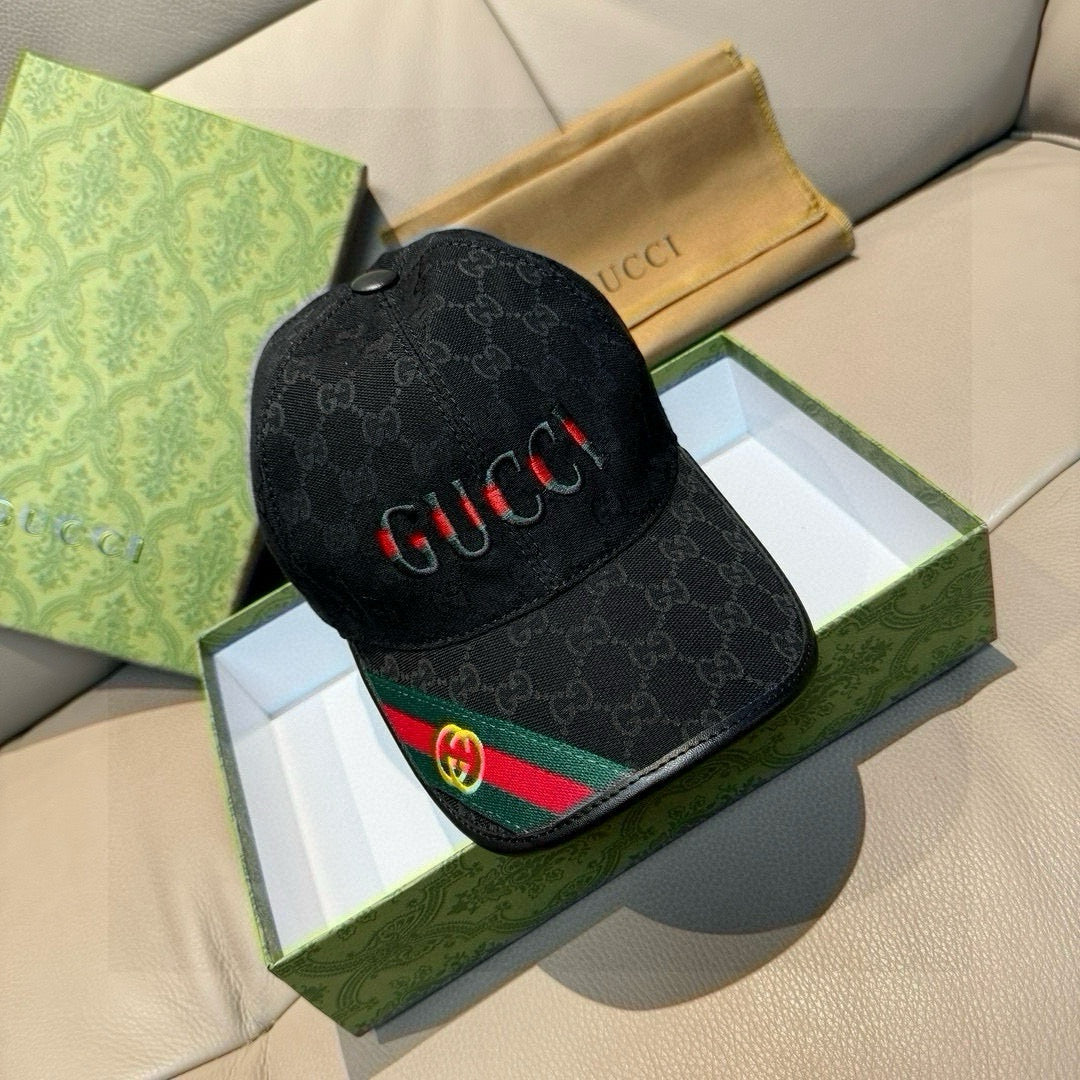 Black Gucci baseball cap with GG monogram print and multicolor web stripe