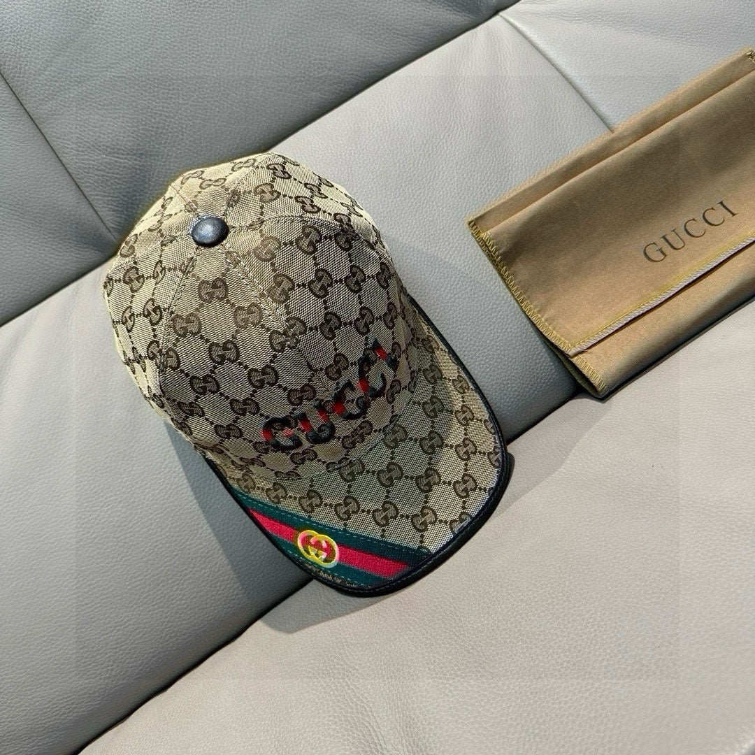 Gucci GG baseball cap angled, beige canvas with center snap button and red-green Web brim
