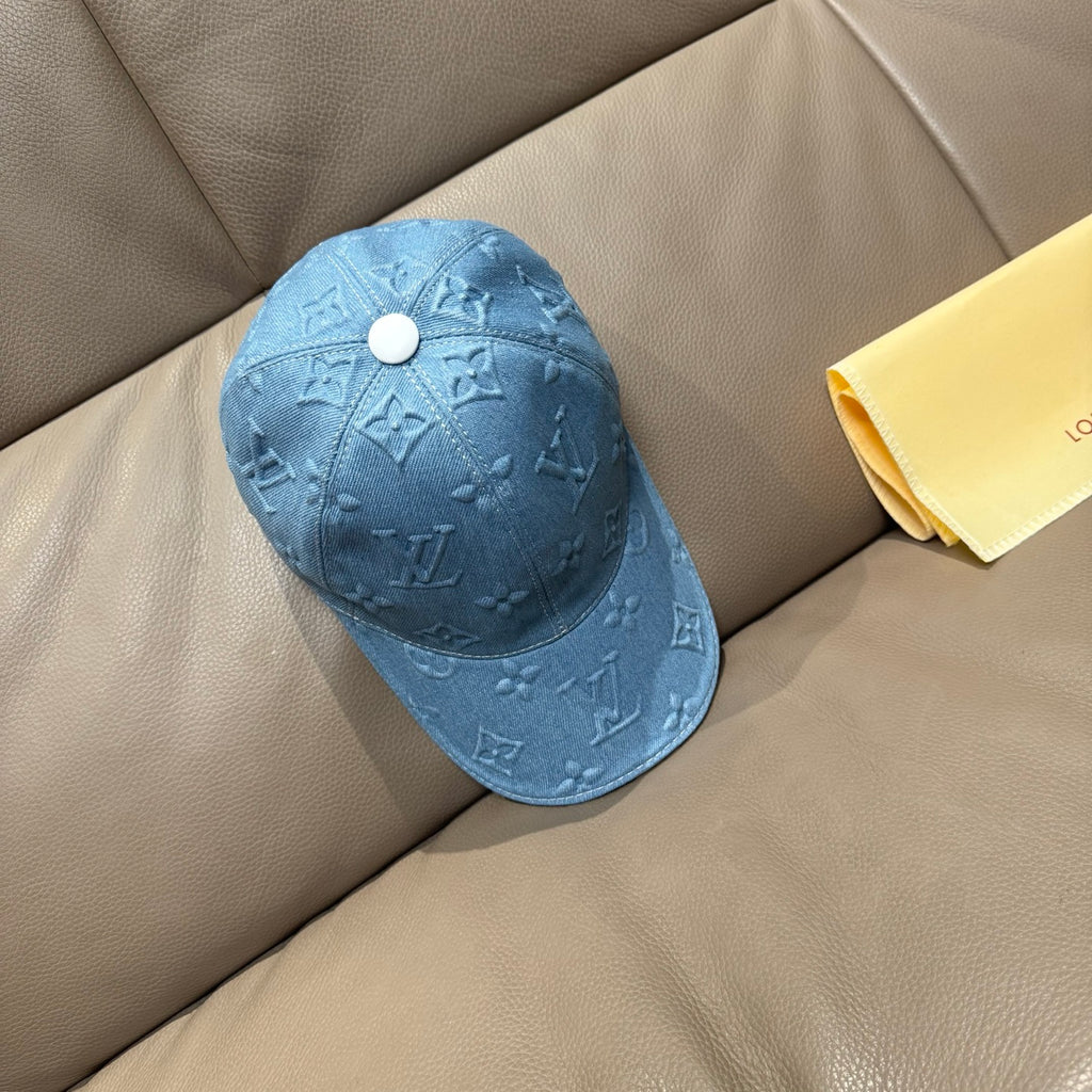 Blue denim monogram baseball cap with round top and small front button