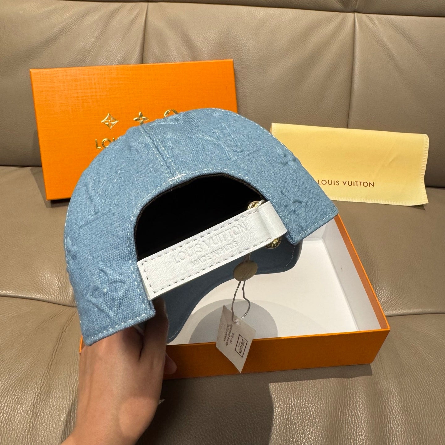 Blue denim monogram cap with inner label and adjustable strap