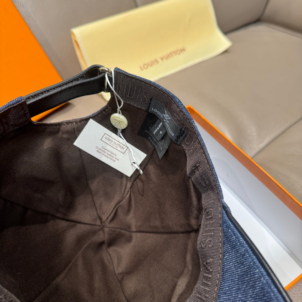 Louis Vuitton denim baseball cap interior with adjustable strap and hanging tags