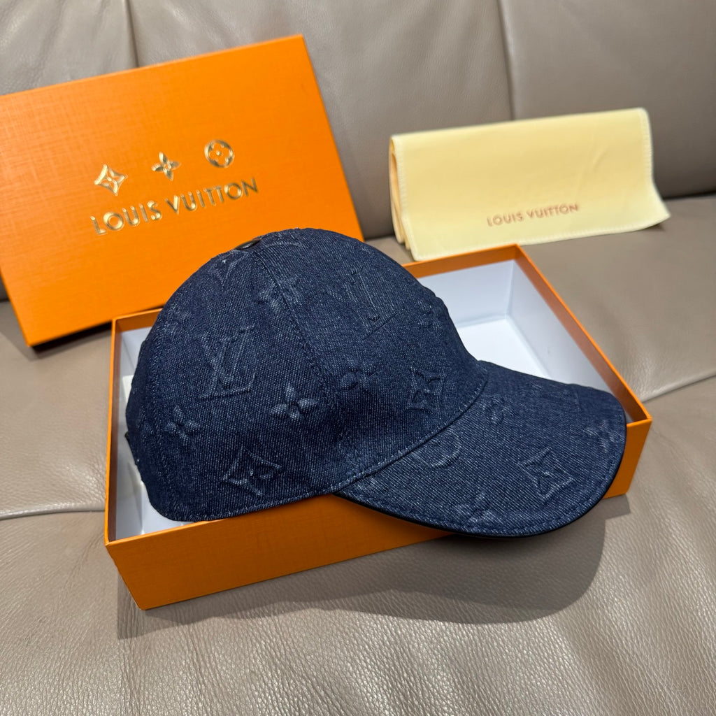 Louis Vuitton denim monogram baseball cap, dark navy blue, back view
