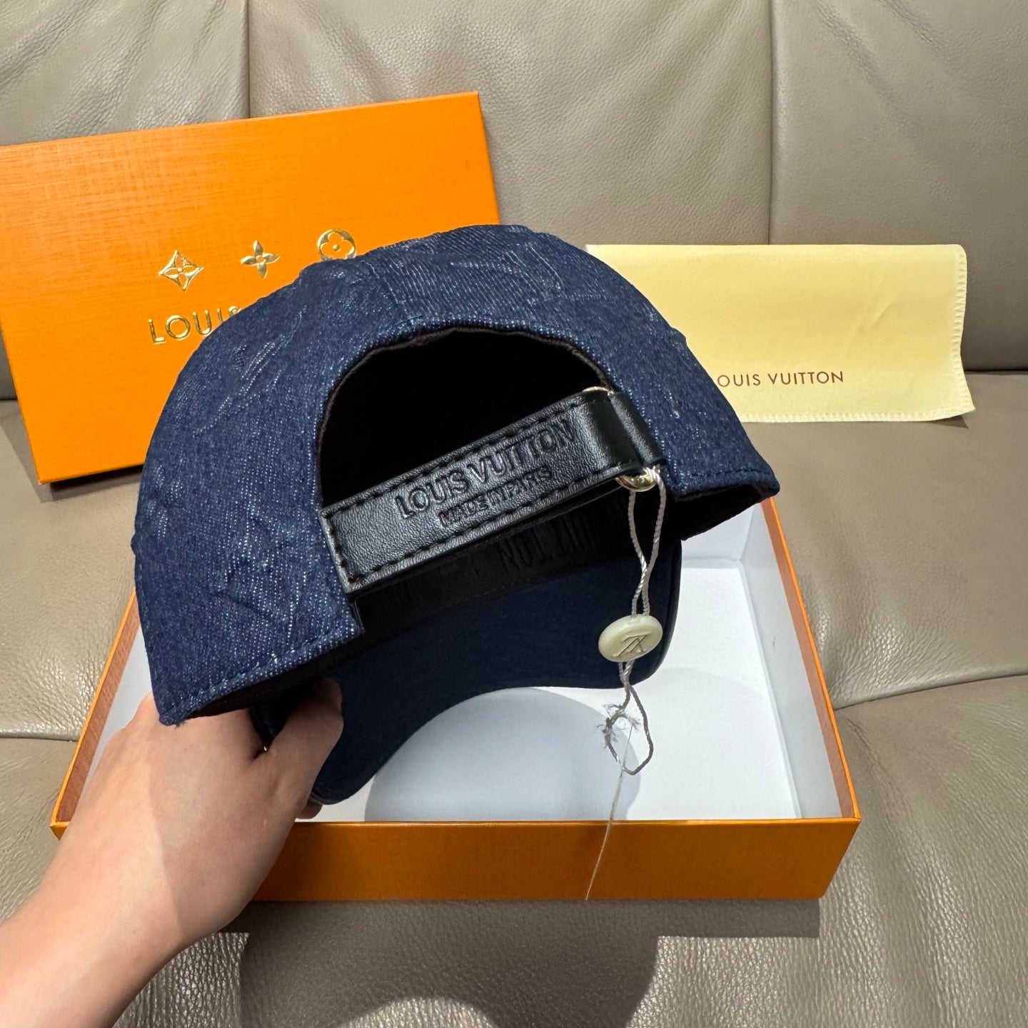 Louis Vuitton denim monogram baseball cap, dark navy blue, adjustable strap with buckle