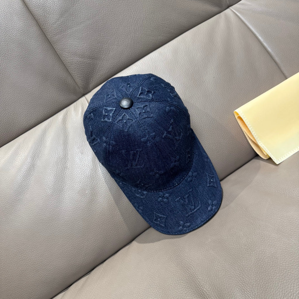 Louis Vuitton denim monogram baseball cap, dark navy blue, side view with top stud