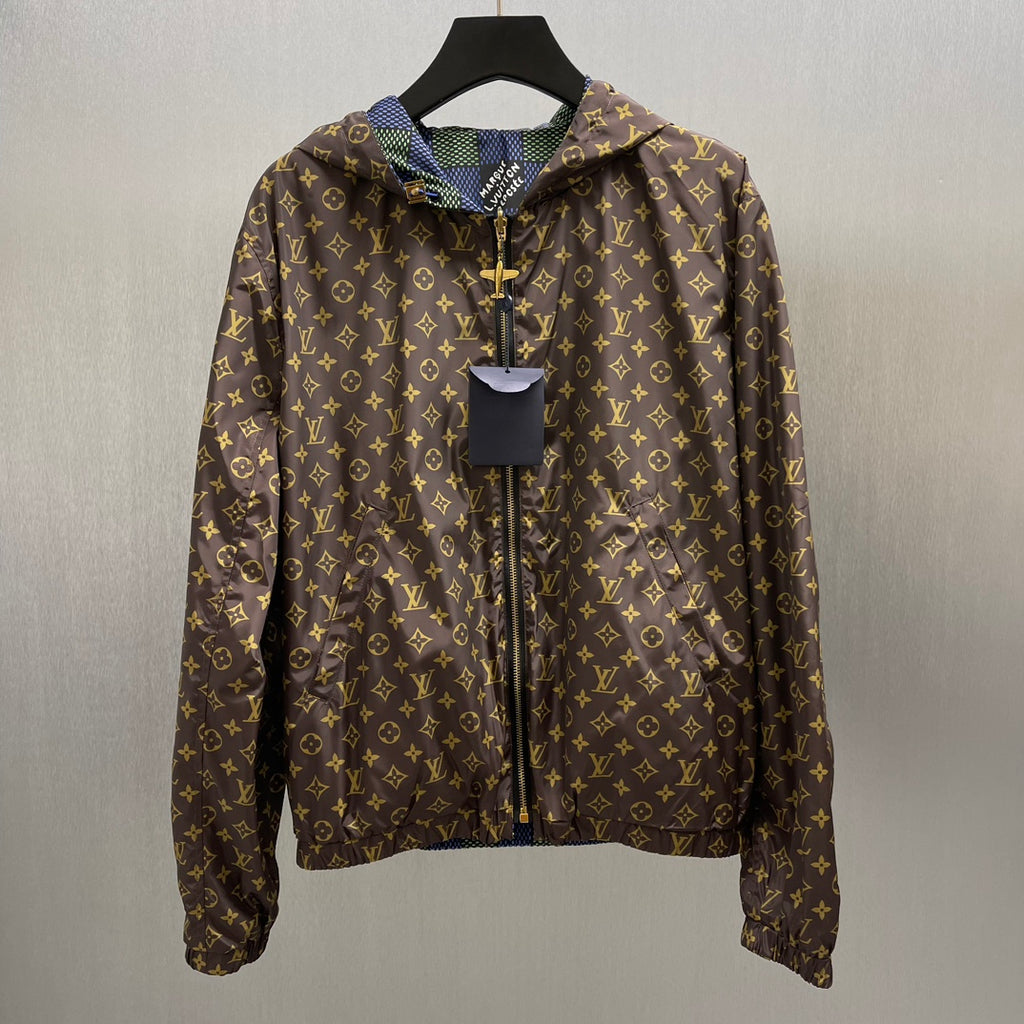 Brown monogram long-sleeve hooded jacket with front zipper and stand collar
