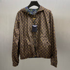 Brown monogram long-sleeve hooded jacket with front zipper and stand collar