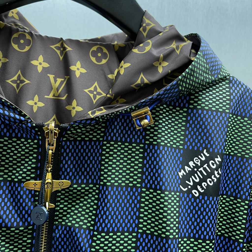 Monogram-lined hood with front zipper on blue-green check jacket