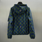 Blue and green checked long hooded jacket with front zipper and ribbed cuffs