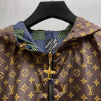 Brown monogram hooded jacket with gold zipper and logo-printed trim