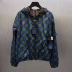 Green-blue checked hooded jacket with full zipper and side flap pockets