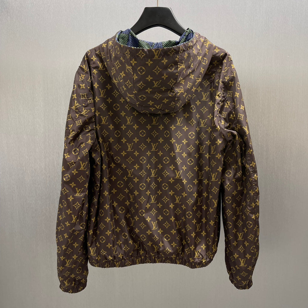 Brown monogram hooded jacket with drawstring cuffs and front zipper