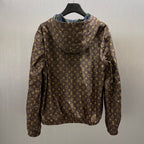 Brown monogram hooded jacket with drawstring cuffs and front zipper