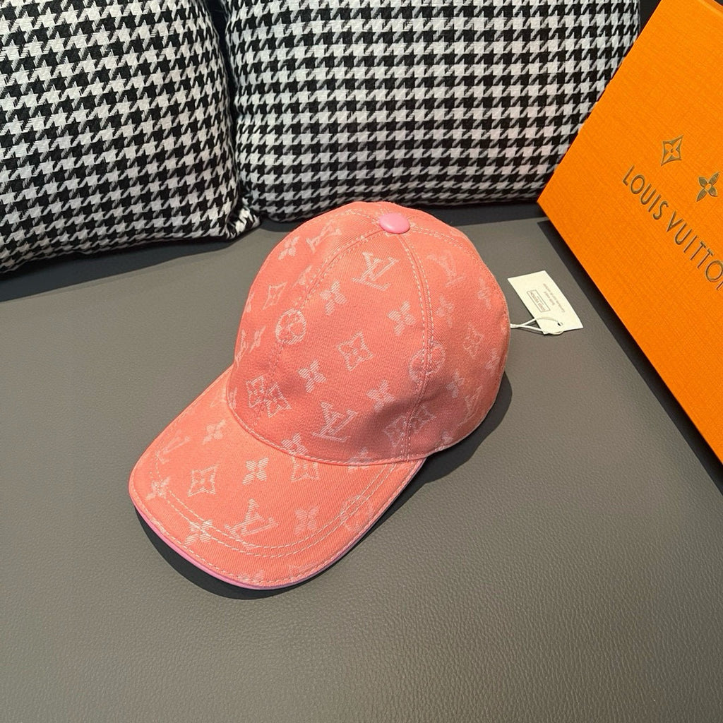 Louis Vuitton monogram cap in coral pink, curved brim and allover logo print