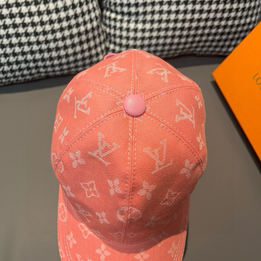 Louis Vuitton monogram cap in coral pink, top button and allover logo pattern