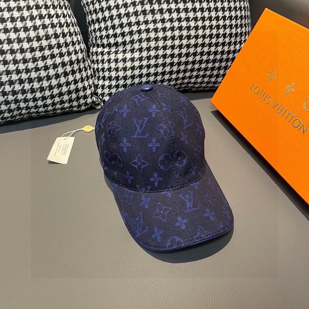 Louis Vuitton monogram baseball cap, dark blue, side angle with tonal logo print