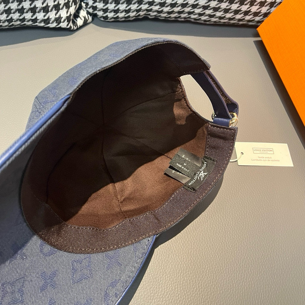 Louis Vuitton monogram denim cap interior, adjustable strap with gold buckle