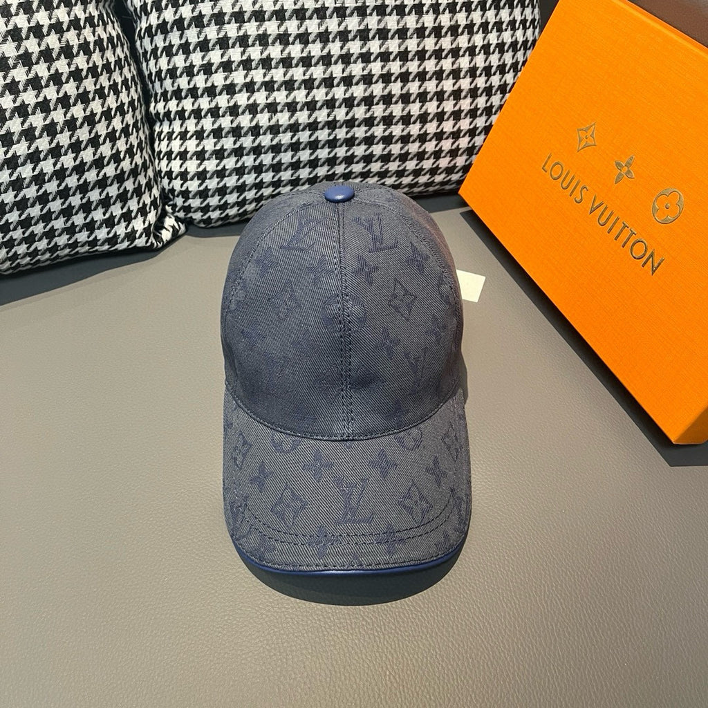 Louis Vuitton monogram denim cap in navy blue, curved brim and blue crown button