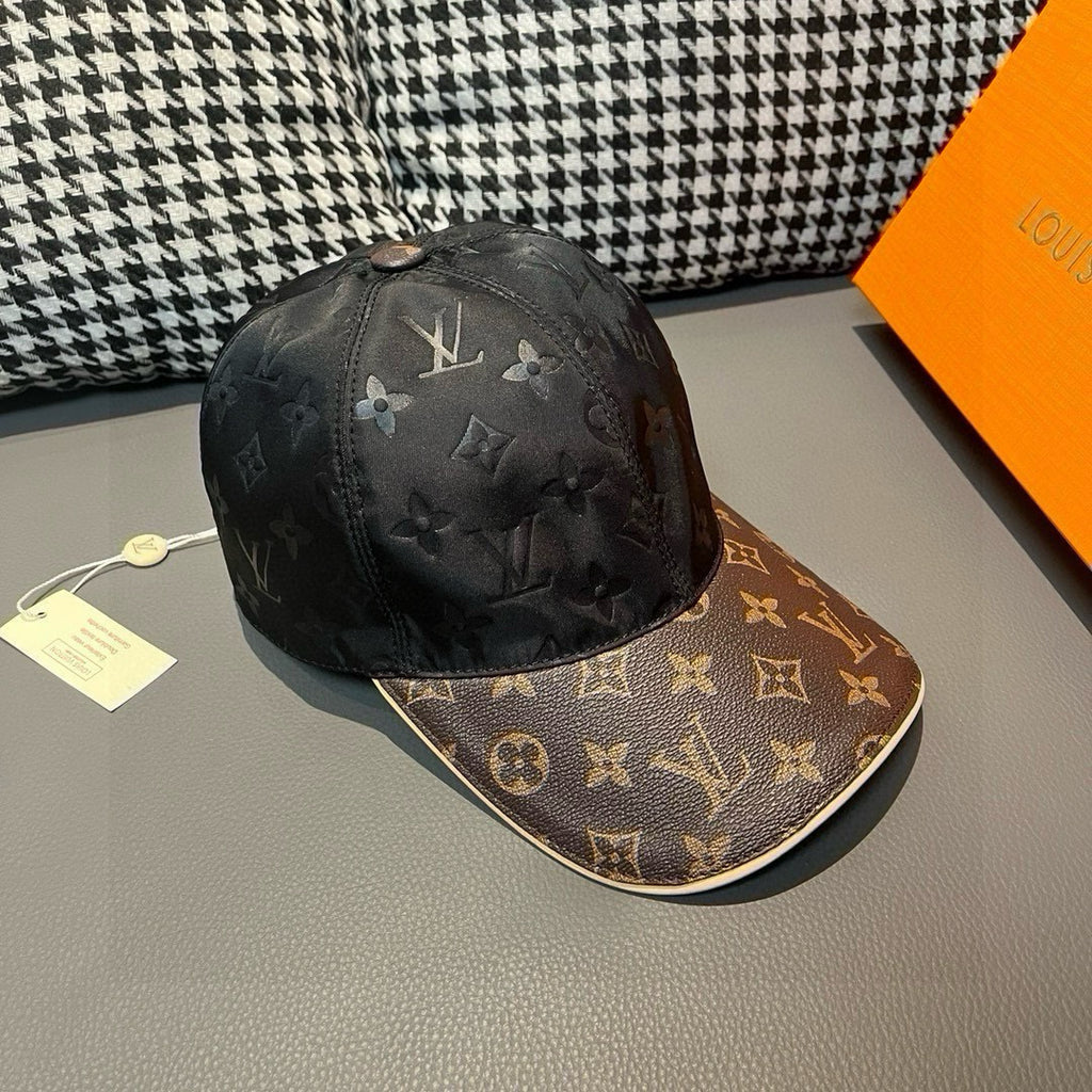 Black and brown monogram baseball cap with curved brim and side stitching