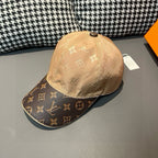 Beige monogram baseball cap with dark logo brim, side view