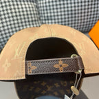 Beige monogram baseball cap interior with dark adjustable strap