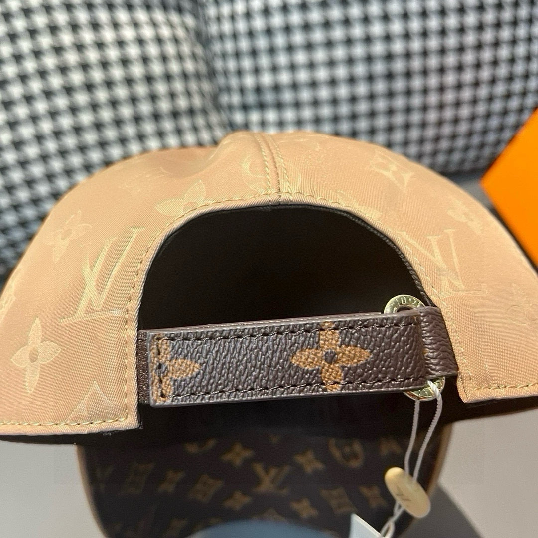 Beige monogram baseball cap interior with dark adjustable strap