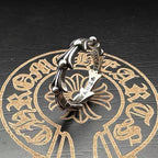 Chrome cuff ring with silver-toned horseshoe accents and engraved band